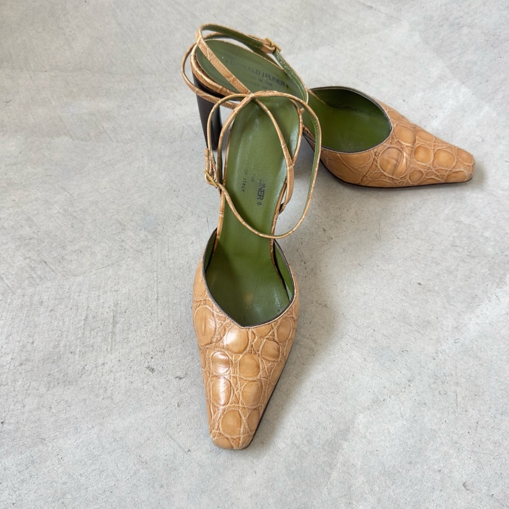 Donald J. Pliner Tan Croc-Embossed Heels with Ankle Strap